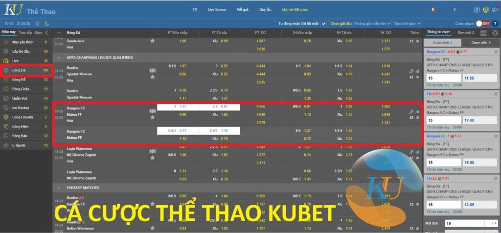 Kubet thể thao: Tỷ lệ kèo Rangers FC vs Malmo 